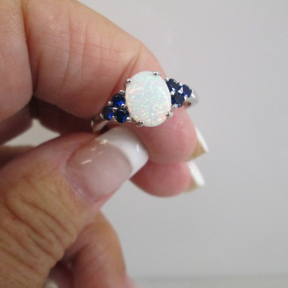 Stunning Opal & Blue Sapphire Ring>925 Sterling Ring,925 Opal ring,Sapphire - Picture 3 of 5